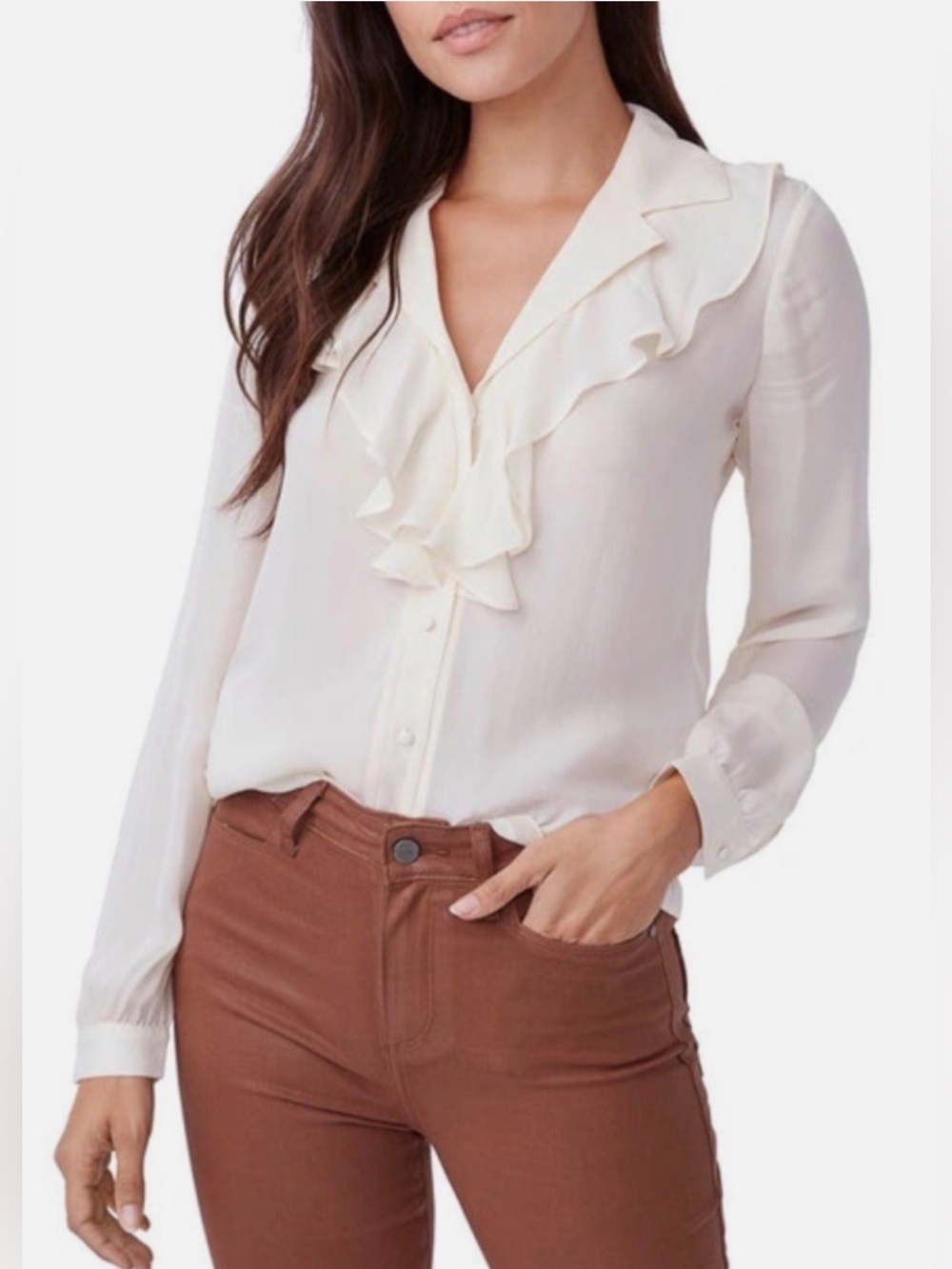 Paige 100% Silk Cream Ruffle V-Neck Blouse